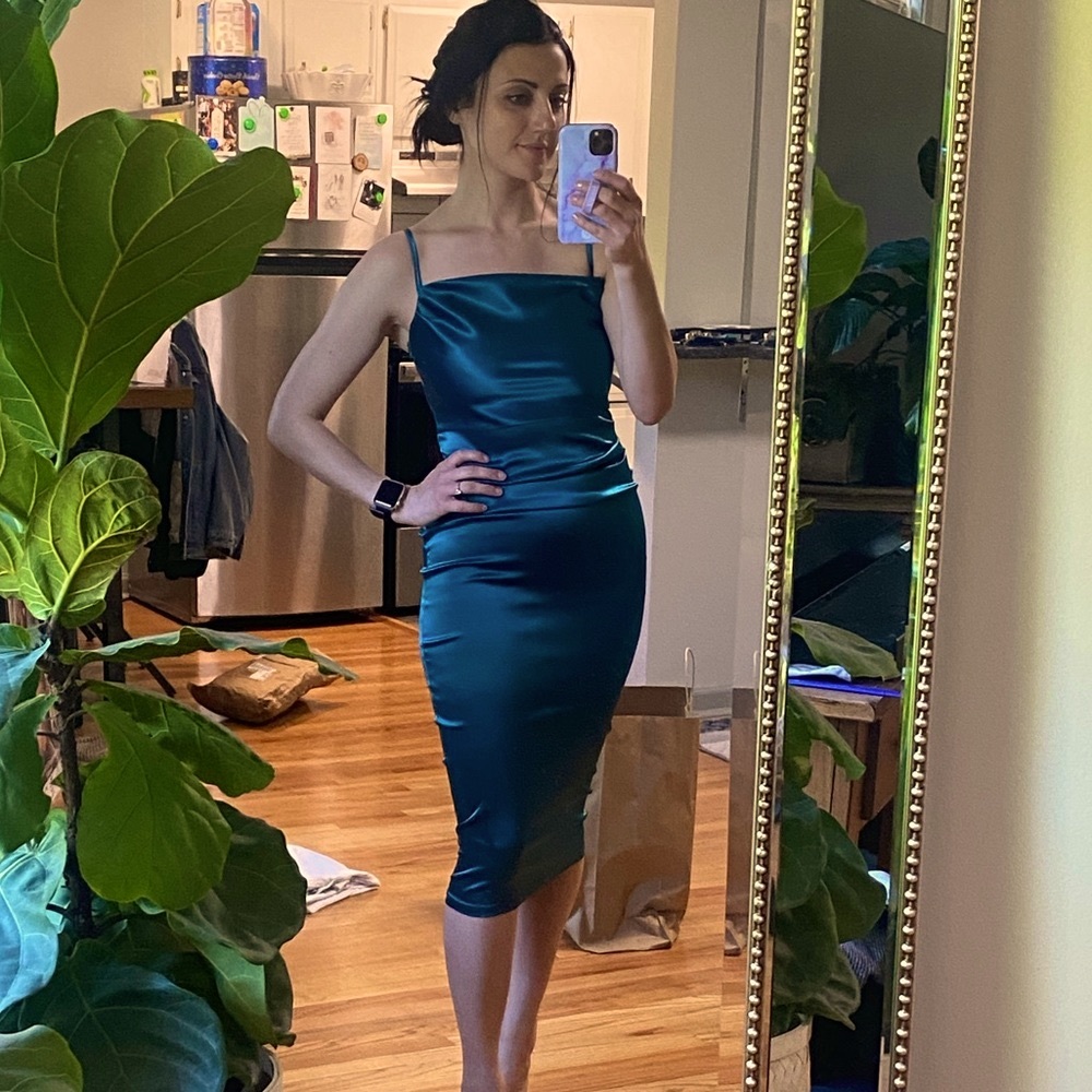 Teal Satin Midi Dress